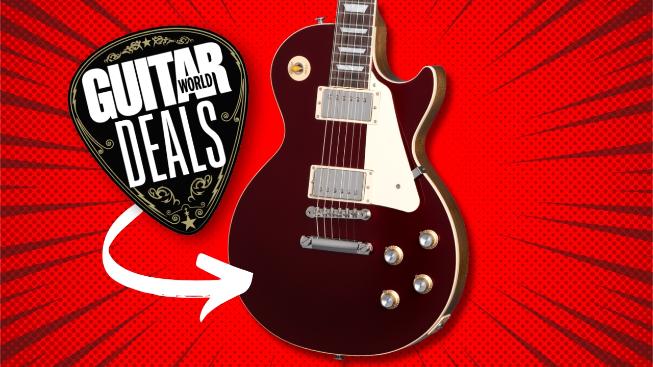 A Gibson Les Paul Standard 60s electric guitar on a red background