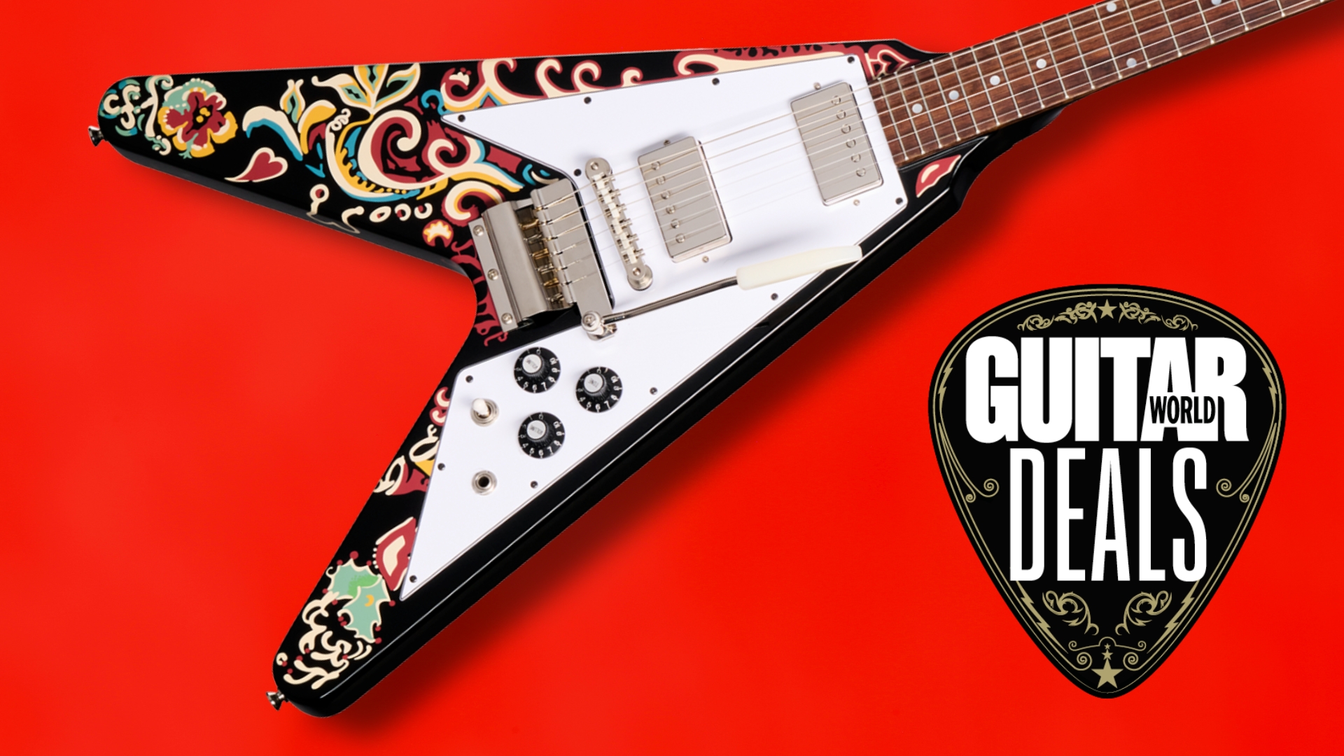 An Epiphone Jimi Hendrix Love Drops Flying V on a red background