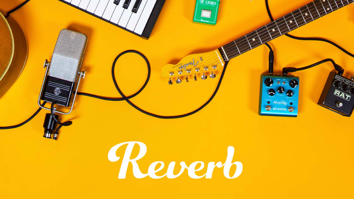 different musical instruments and pedals against a bright orange/yellow background, with the word Reverb at the center