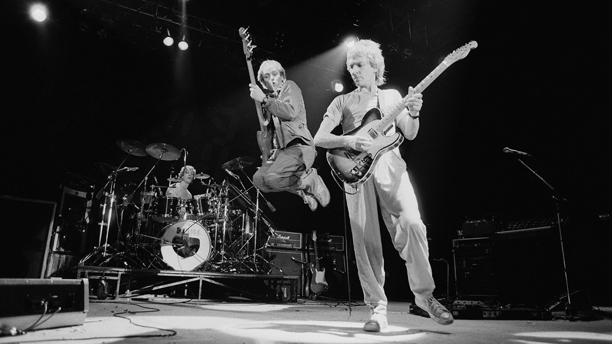 English rock group The Police performing in Philadelphia, Pennsylvania during the band's Ghost In The Machine Tour,USA, 1981. Left to right: Stewart Copeland (drums), Sting and Andy Summers