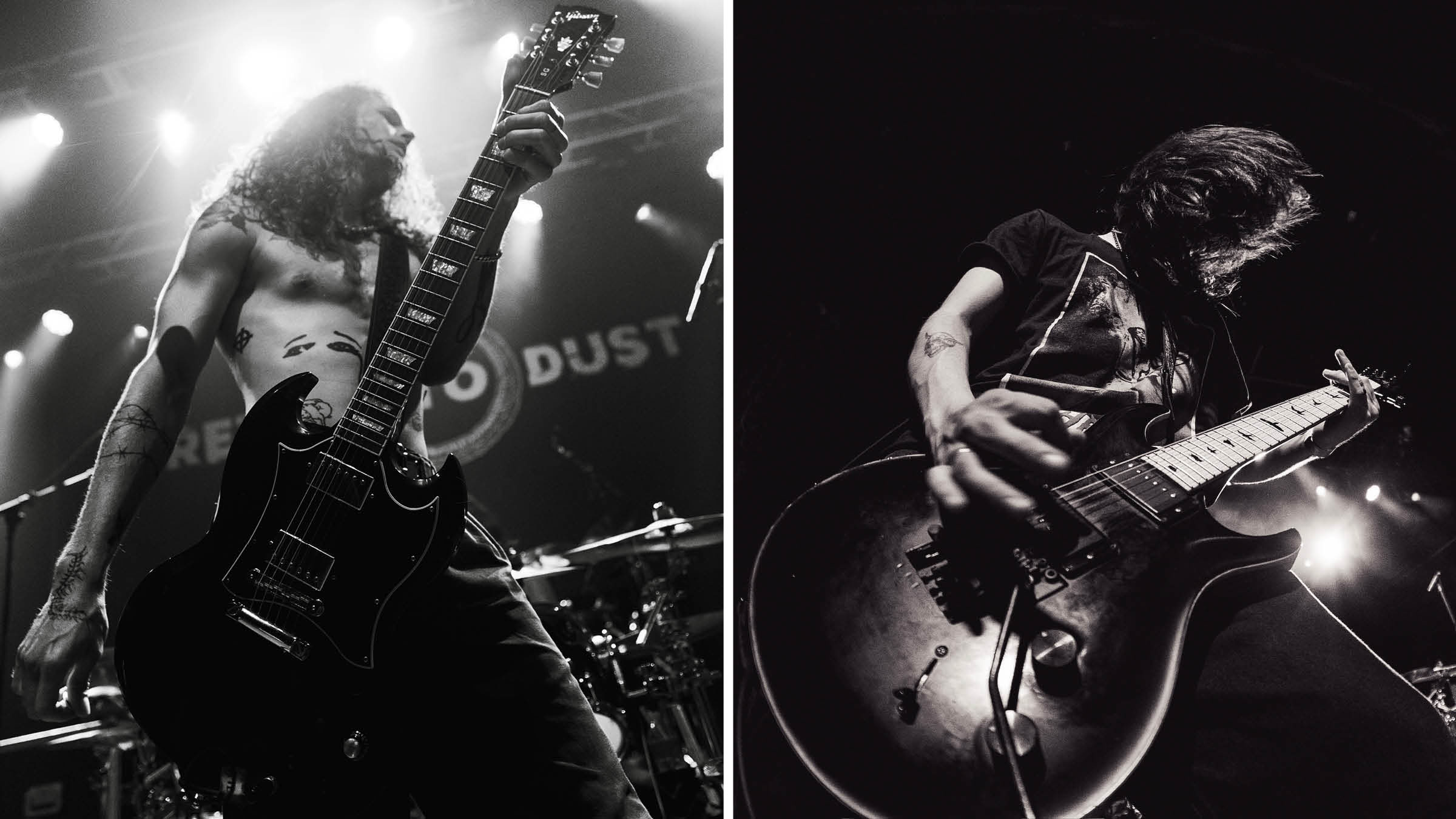 Black-and-white action shots of Return to Dust guitarists Matty Bielawski [left, with a Gibson SG] and Sebastian Gonzalez [playing a PRS].