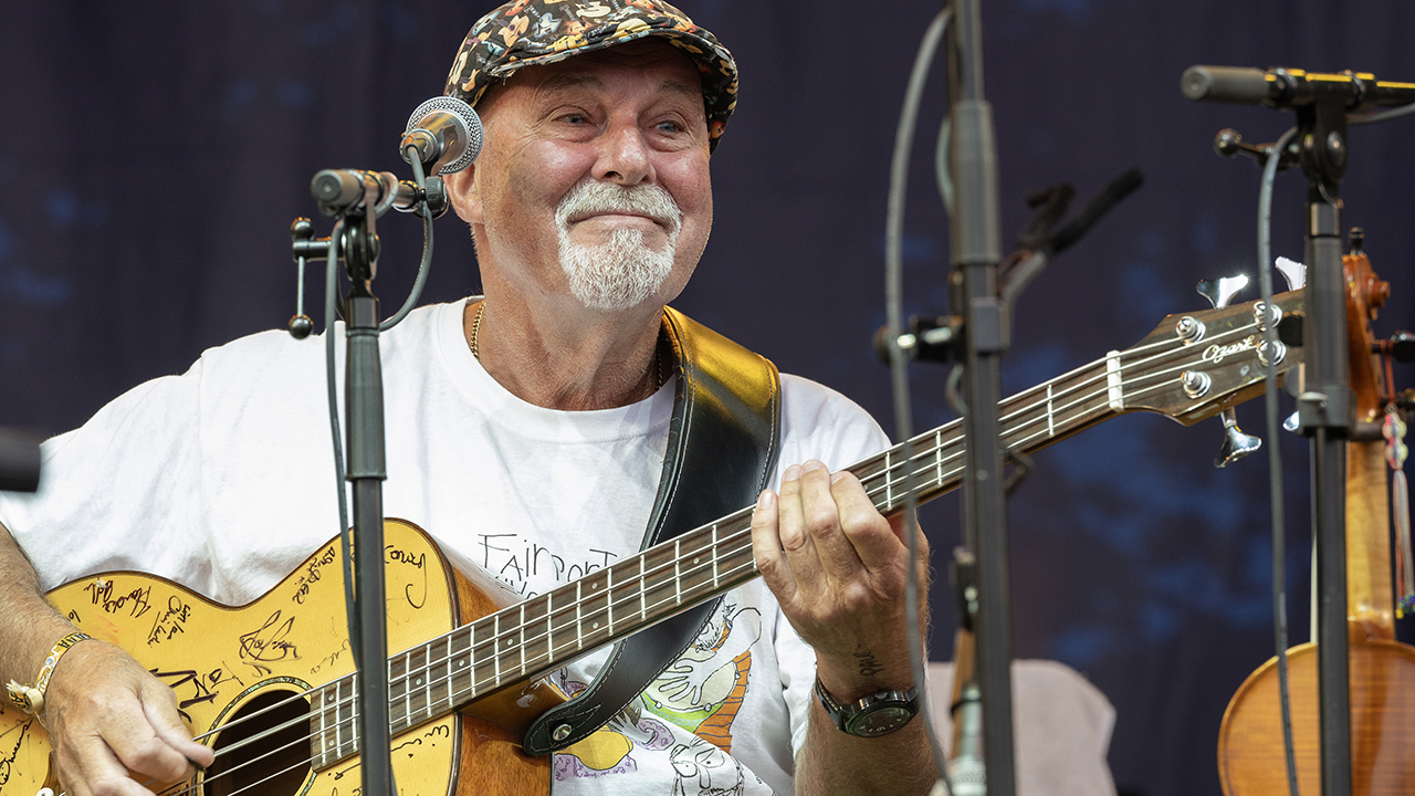 BANBURY, ENGLAND - AUGUST 08: Dave Pegg of Fairport Convention performs at Fairport's Cropredy Convention at Cropredy on August 08, 2024 in Banbury, England. (Photo by Steve Thorne/Getty Images)