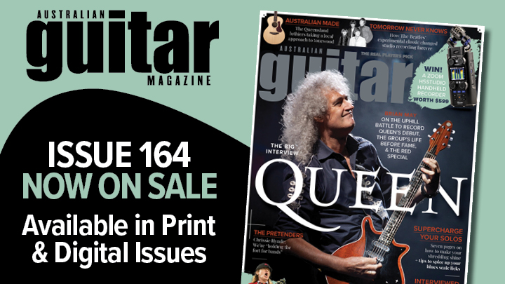 A graphic advertising the release of Australian Guitar magazine issue #164, featuring Queen guitarist Brian May on the cover
