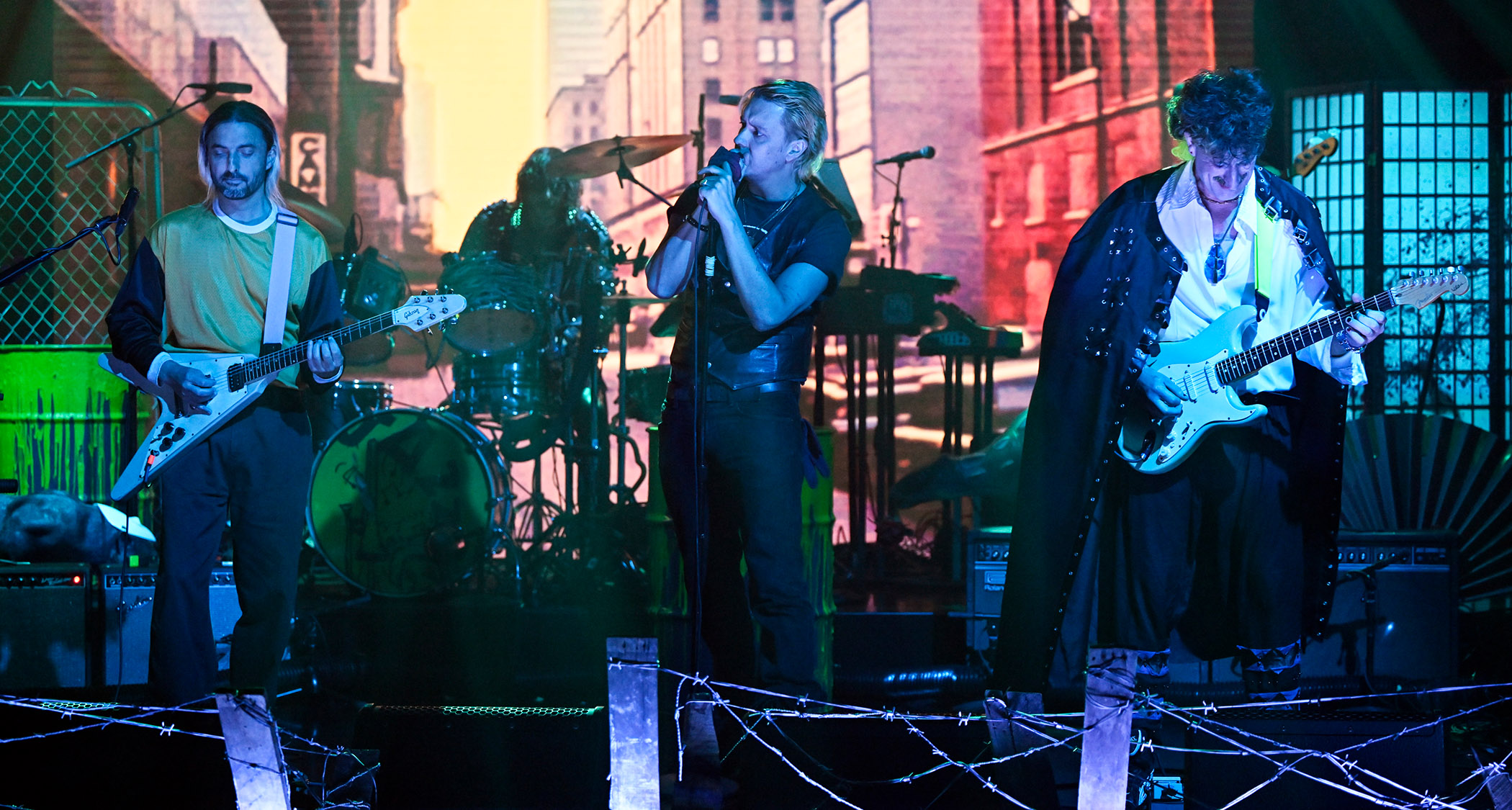 The Voidz perform live on Jimmy Fallon in October 2024: [from left] Amir Yaghmai, Julian Casablancas and Jeramy &ldquo;Beardo&rdquo; Gritter 