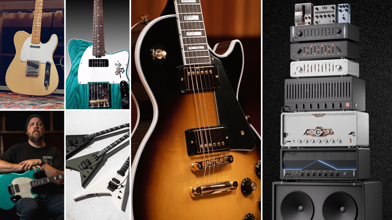 Fender Vintera II Road Worn. Otera TK-1, Gibson Les Paul Custom '70s, Neural DSP Archetype Misha Mansoor X, Ernie Ball Music Man 'Fluff' StingRay, Jackson American Series Rhoads