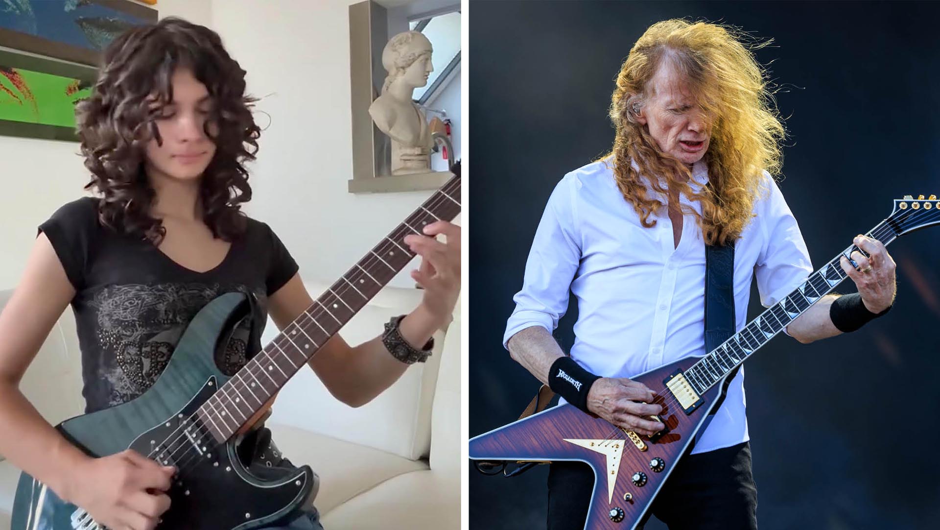 Zia Cyan shreds on Instagram [left]. Megadeth frontman Dave Mustaine riffs onstage at Norway's Tons Of Rock Festival 2025